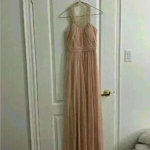 Baby pink  pearl and crystal encrusted swoop neckline prom gown